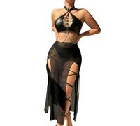Generico Completo Sexy Completo Intimo da Donna,Abito Lungo in Rete Trasparente con Cinturino a Catena,Scollo a V e Spacco Alto,Design per Occasioni Eleganti e sorprendenti,per la Sera 1423