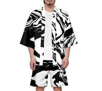 Generico Completo Uomo Estivo Camicia Giapponese Uomo Camicia e Pantaloncini Set Due Pezzi Ninja Samurai Giapponese Kimono Tuta Tempo Libero da Ginnastica Cardigan Giacca Vintage Elegante