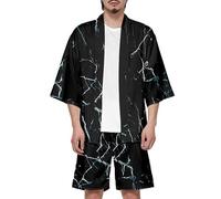 Generico Completo Uomo Estivo Camicia Giapponese Uomo Camicia e Pantaloncini Set Due Pezzi Ninja Samurai Giapponese Kimono Tuta Tempo Libero da Ginnastica Cardigan Giacca Vintage Elegante