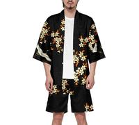 Generico Completo Uomo Estivo Camicia Giapponese Uomo Camicia e Pantaloncini Set Due Pezzi Ninja Samurai Giapponese Kimono Tuta Tempo Libero da Ginnastica Cardigan Giacca Vintage Elegante