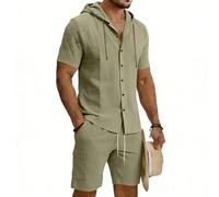 Generico Completo Uomo Estivo Corto Oversize Camicia in Lino Pantaloncini Due Pezzi con Cappuccio Senza Maniche Tuta Cargo da Lavoro Camicia Traspirante e Leggero Scollo a V per Spiaggia