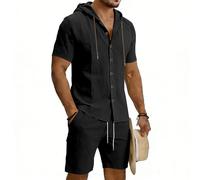 Generico Completo Uomo Estivo Corto Oversize Camicia in Lino Pantaloncini Due Pezzi con Cappuccio Senza Maniche Tuta Cargo da Lavoro Camicia Traspirante e Leggero Scollo a V per Spiaggia