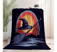 Generico Coperta flanella con stampa Cappello Da Strega Scopa Luna Piena per bambini e ragazzi e donne, Halloween Coperta leggera soffice pelosa per letto divano e viaggi 130x150 cm