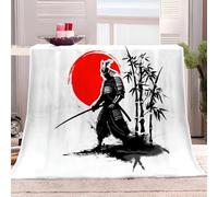 Generico Coperta Pile 130x150 cm Stile Giapponese Samurai Sole Rosso Plaid Coperta Sherpa, Coperta Calda e Confortevole, come copri divano, copriletto o coperta da soggiorno