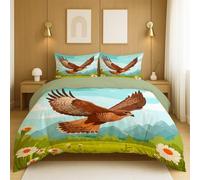 Generico Copripiumini Facile da curare Microfibra Poliestere antipiega con federe(50 * 75) Per la camera da letto Blu Marrone Cartone Animato Aquila Natura,230x220cm(86" x 90")