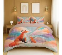 Generico Copripiumini Restringimento Resistente allo sbiadimento Poliestere antipiega con federe(50 * 75) Per la camera da letto Multicolore Volpe Carina Sognante,135x200cm(53" x 79")