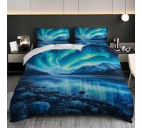 Generico Copripiumino 200x200 Aurora Boreale Copripiumini Paesaggio Montano Innevato 3 Pezzi Copripiumone Microfibra Copripiumoni Morbido Reversibile + 2 Federe 50 x 75 cm con Cerniera W537