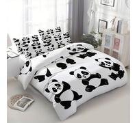 Generico Copripiumino 200x200 cm Panda Dei Cartoni Animati Bianco Set di Biancheria da Letto di Singolo Matrimoniale 3 Pezzi, Set Copripiumino in Policotone con Federa e Chiusura Cerniera