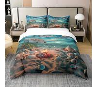 Generico Copripiumino 250x200 Conchiglie Copripiumini Spiaggia 3 Pezzi Copripiumone Microfibra Copripiumoni Morbido Reversibile + 2 Federe 50 x 75 cm con Cerniera y3305