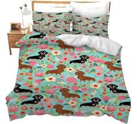 Generico Copripiumino 250x200 Fiore Copripiumini Bassotto 3 Pezzi Copripiumone Microfibra Copripiumoni Morbido Reversibile + 2 Federe 50 x 75 cm con Cerniera y3539