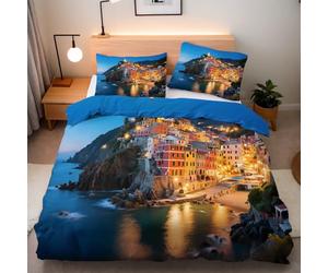 Generico Copripiumino 3 pezzi Matrimoniale Cinque Terre Mare Città 3D Chiusura a Cerniera 1 copripiuminio 220x240cm+2 Feder 50x75cm Microfibra Morbida Traspirante Ipoallergenica