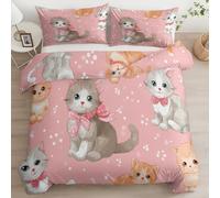 Generico Copripiumino Cartone Animato Pois Gattino, 1 X Copripiumone 135 X 200 Cm E 1 X Federe 50 X 80 Cm Sacco Parure Letto Reversibile Biancheria Da Letto Con Cerniera, Rosa