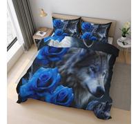 Generico Copripiumino Lupo, Biancheria da Letto Fiori Blu Fauna Selvatica 200 X 200 cm Microfibra Morbida 3-Pezzi con 2 Federe 50x75 cm con Cerniera K&21