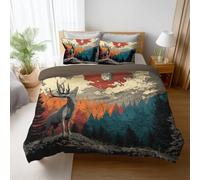 Generico Copripiumino Matrimoniale 180 x 200 CM Con 80 x 80 CM Set di biancheria da letto in microfibra morbida e traspirante da 3 pezzi Dark Paesaggio Cervo Blu Rosso