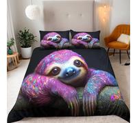 Generico Copripiumino Matrimoniale 200x220 cm Motivo Bradipo Animale Viola 3D Set di Biancheria da Letto Con Microfibra Comfort Morbida 3-Pezzi con 2 Federe 50x75 con Cerniera e Fascette Angolari