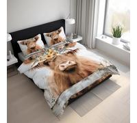 Generico Copripiumino Matrimoniale Bovino delle Highland Parure Copripiumino 135x200 cm Animale Fattoria Mucca Highland, Morbido Microfibra Set Letto 2 Pezzi, 1 Federa con Cerniera 21D&-58
