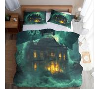 Generico Copripiumino Matrimoniale Castello 200x200 cm Copripiumino Halloween 3D Stampa Fronte-retro Set di Biancheria da Letto Microfibra Cerniera Invisibile Lacci a Quattro Angoli 2 Federe 50x80 cm