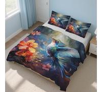 Generico Copripiumino Matrimoniale Colibrì Parure Copripiumino 135x200 cm Fiore Animale, Morbido Microfibra Set Letto 2 Pezzi, 1 Federa con Cerniera 21D&-60