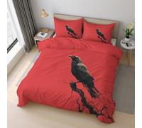 Generico Copripiumino Matrimoniale Corvo Gotico Parure Copripiumino 155x220 cm Rosso Nero Corvo, Morbido Microfibra Set Letto 3 Pezzi, 2 Federa con Cerniera 21D&-27