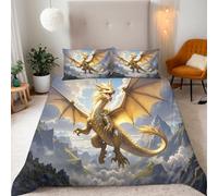 Generico Copripiumino Matrimoniale Drago Dorato 200x200 cm Copripiumino Paesaggio 3D Stampa Set di Biancheria da Letto Microfibra Cerniera Invisibile Lacci a Quattro Angoli 2 Federe 50x80 cm cm