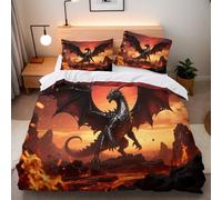 Generico Copripiumino Matrimoniale Drago Fiamma 200x200 cm Copripiumino Drago Roccia 3D Stampa Set di Biancheria da Letto Microfibra Cerniera Invisibile Lacci a Quattro Angoli 2 Federe 50x80 cm cm