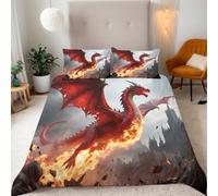 Generico Copripiumino Matrimoniale Fuoco Drago Città 220x240 cm Copripiumino Paesaggio 3D Stampa Set di Biancheria da Letto Microfibra Cerniera Invisibile Lacci a Quattro Angoli 2 Federe 50x80 cm cm