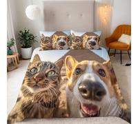 Generico Copripiumino Matrimoniale Gatto Cane 240x260 cm Copripiumino Carino Animale 3D Stampa Set di Biancheria da Letto Microfibra Cerniera Invisibile Lacci a Quattro Angoli 2 Federe 50x80 cm cm