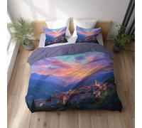 Generico Copripiumino Matrimoniale, in Microfibra Extra Morbida, Traspirante Delicato Sulla Pelle Reversibile, con Cerniera Invisibile Singolo 155 x 200 cm Blu Paesaggio Architettura Montagne