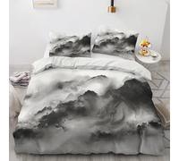 Generico Copripiumino Matrimoniale Pittura a Inchiostro, Biancheria da Letto Montagna Cinese Bianco e Nero 200x200 cm, Morbido Microfibra, Chiusura con Cerniera Include 2 Federa 50x80 cm PZ&S-22