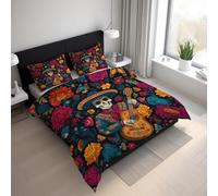Generico Copripiumino Matrimoniale Teschio di Zucchero Parure Copripiumino 240x220 cm Scheletro Giorno dei Morti, Morbido Microfibra Set Letto 3 Pezzi, 2 Federa con Cerniera 21D&-41