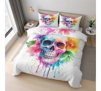 Generico Copripiumino Matrimoniale Teschio di Zucchero Parure Copripiumino 240x260 cm Acquerello Giorno dei Morti, Morbido Microfibra Set Letto 3 Pezzi, 2 Federa con Cerniera 21D&-42