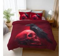 Generico Copripiumino Set 155 x 200 cm, Corvo Teschio Horror Set Biancheria da Letto in Microfibra Morbida con Federe, Copripiumino Reversibile con Chiusura a Zip, Facile da Lavare, Rosso