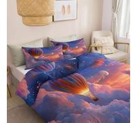 Generico Copripiumino Singolo 135 x 200 cm con 1 Federa - Blu Viola Fantasia Cielo Stellato Mongolfiera - Reversibile Premium Microfibra ultra morbida al tatto Set Copripiumino Con Cerniera Chiusura