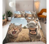 Generico Copripiumino Singolo Asino Gatto 135x200 cm + 2 Federe 50x80 cm Set Copripiumino Carino Animale 3D Stampa Microfibra Comfort Lavabile In Lavatrice Cerniera Invisibile Lacci a Quattro Angoli