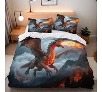 Generico Copripiumino Singolo Drago Fiamma 150x200 cm Copripiumino Drago Ali 3D Squisita Stampa Set di Biancheria da Letto Microfibra Cerniera Invisibile Lacci a Quattro Angoli 2 Federe 50x80 cm