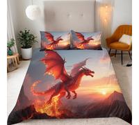 Generico Copripiumino Singolo Fuoco Drago Alba 135x200 cm Copripiumino Paesaggio 3D Squisita Stampa Set di Biancheria da Letto Microfibra Cerniera Invisibile Lacci a Quattro Angoli 2 Federe 50x80 cm
