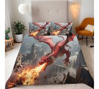 Generico Copripiumino Singolo Fuoco Drago Città 155x220 cm + 2 Federe 50x80 cm Set Copripiumino Fantasia 3D Stampa Microfibra Comfort Lavabile In Lavatrice Cerniera Invisibile Lacci a Quattro Angoli
