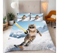 Generico Copripiumino Singolo Gatto Sci 150x200 cm + 2 Federe 50x80 cm Set Copripiumino Natura Animale 3D Stampa Microfibra Comfort Lavabile In Lavatrice Cerniera Invisibile Lacci a Quattro Angoli