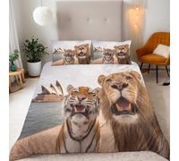 Generico Copripiumino Singolo Leone Tigre 150x200 cm + 2 Federe 50x80 cm Set Copripiumino Carino Animale 3D Stampa Microfibra Comfort Lavabile In Lavatrice Cerniera Invisibile Lacci a Quattro Angoli