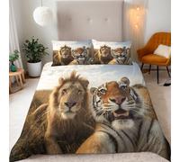 Generico Copripiumino Singolo Leone Tigre 155x220 cm + 2 Federe 50x80 cm Set Copripiumino Carino Animale 3D Stampa Microfibra Comfort Lavabile In Lavatrice Cerniera Invisibile Lacci a Quattro Angoli