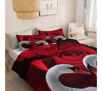 Generico Copripiumino Tema D'Amore Cigno Rosa 135 X 200 Cm E 1 X Federa 50 X 80 Cm, Parure Biancheria Da Letto 4 Stagioni, Leggero E Traspirante Con Cerniera, Rosso