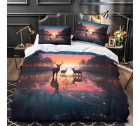 Generico Copripiumino Una Piazza e Mezza 200x200 Alce Copri Piumino 3 Pezzi Microfibra Morbido Con Cerniera Blu Copri Piumone e 2 Federe Cuscino 50x80cm QE687