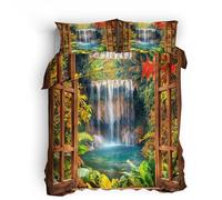 Generico Copripiumino una Piazza e Mezza 200x200cm, Autunno Set Copripiumino, Paesaggio Della Cascata Nella Foresta Set di Biancheria da Letto 3 Pezzi, Copripiumone con Cerniera e 2 Federe 50x75 cm