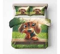 Generico Copripiumino Una Piazza e Mezza Bassotto Bambini, Set di Biancheria da Letto in Microfibra 3 Pezzi, Parure Copri Piumino 155x200 e 2 Federe 50x80 con Cerniera Qjs75