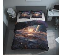 Generico Copripiumino Universo, Biancheria da Letto Pianeta Galassia 240 X 220 cm Microfibra Morbida 3-Pezzi con 2 Federe 50x75 cm con Cerniera L-50