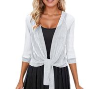 Generico Coprispalle Donna Elegante Cerimonia in Rete con Filo Argento Coprispalle Estivo Corto Chiusura con Lacci Cardigan Leggero Trasparente Brillante Bolero Eleganti per Feste e Sera