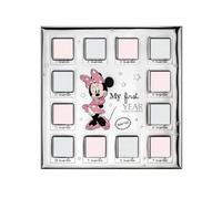 Generico Cornice Portafoto Minnie per Primo Anno Bambina, 28x28 cm, 12 Mesi, Argento e Rosa
