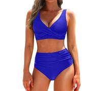 Generico Costume 2 Pezzi Costumi Bikini Due Pezzi Costume da Bagno Intero a Due con Vita Alta e Bikini da Donna Costumi Donna Pezzo sopra (Blue, S)