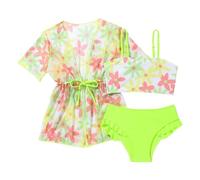 Generico Costume Bambina 3 Pezzi Bikini, 2025 Costume Ragazza Bikini Top con Copricostume e Slip Mare Costumi da Bagno da Spiaggia Piscina Vestiti Estate Abbigliamento per Bambine 3-7 Anni