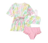 Generico Costume Bambina 3 Pezzi Bikini, 2025 Costume Ragazza Bikini Top con Copricostume e Slip Mare Costumi da Bagno da Spiaggia Piscina Vestiti Estate Abbigliamento per Bambine 3-7 Anni